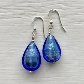Earrings with cornflower blue Murano glass medium pear drops on silver or gold hooks