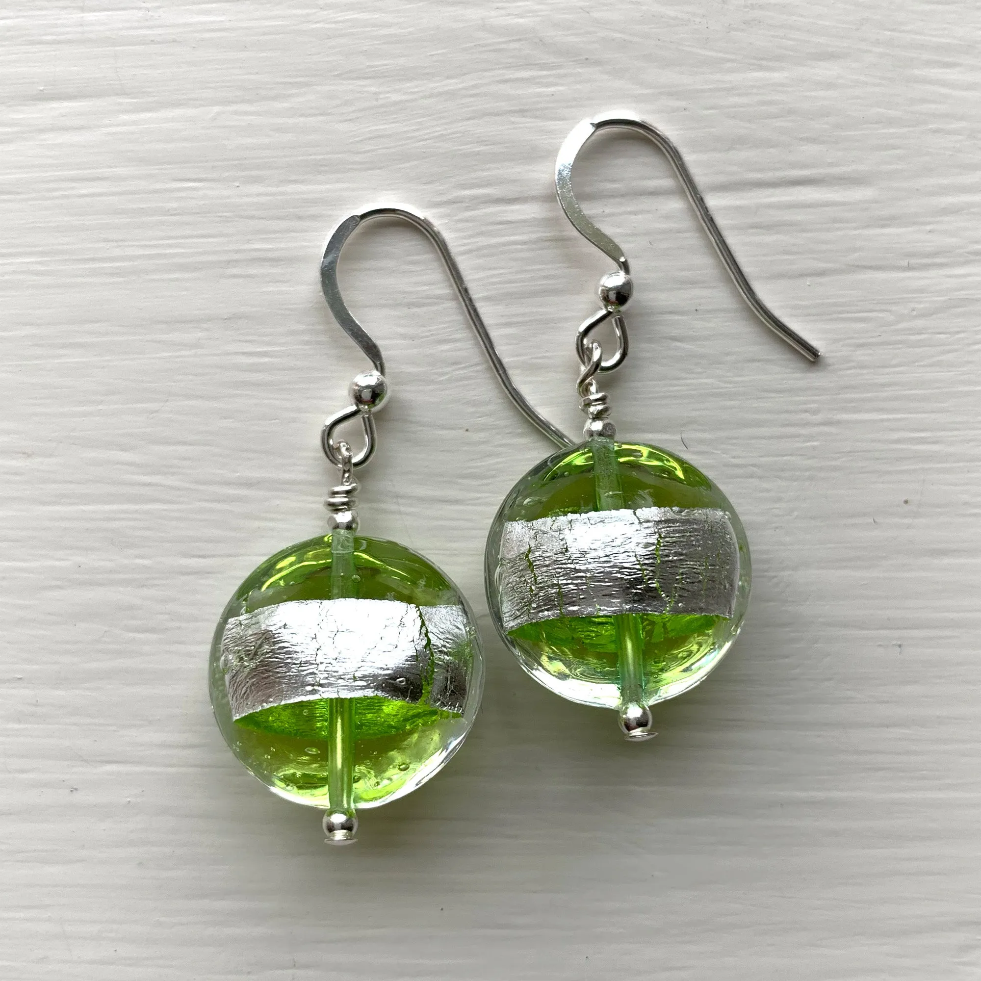 Earrings with green translucent and silver Murano glass medium lentil drops on silver or gold