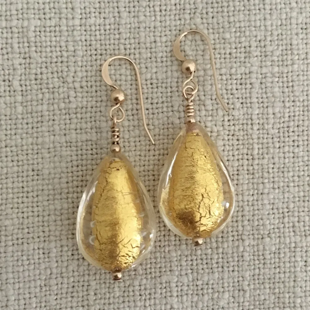 Earrings with light (pale) gold Murano glass medium pear drops on silver or gold hooks