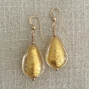 Earrings with light (pale) gold Murano glass medium pear drops on silver or gold hooks