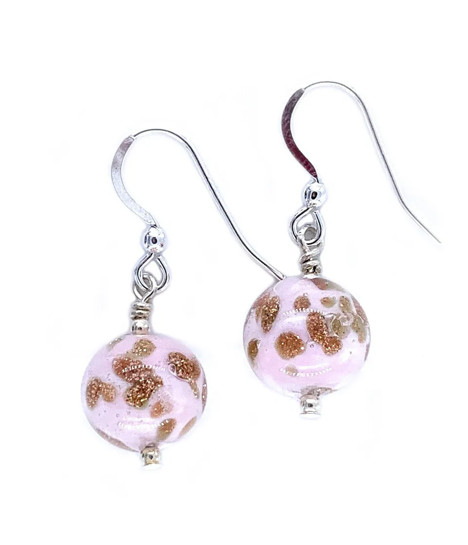 Earrings with pink pastel and aventurine Murano glass mini sphere drops on silver or gold