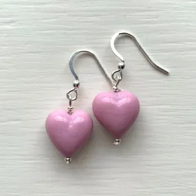 Earrings with pink pastel Murano glass small heart drops on silver or gold hooks