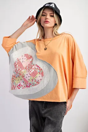 Easel OVERSIZED Heart Patched Knit Top in Apricot