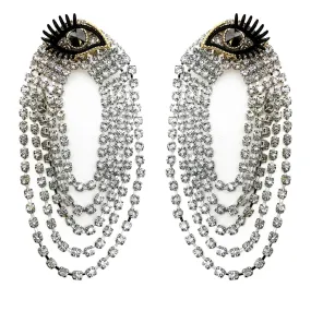 EYE STUD GLASS CRYSTAL CHAIN DROP EARRINGS