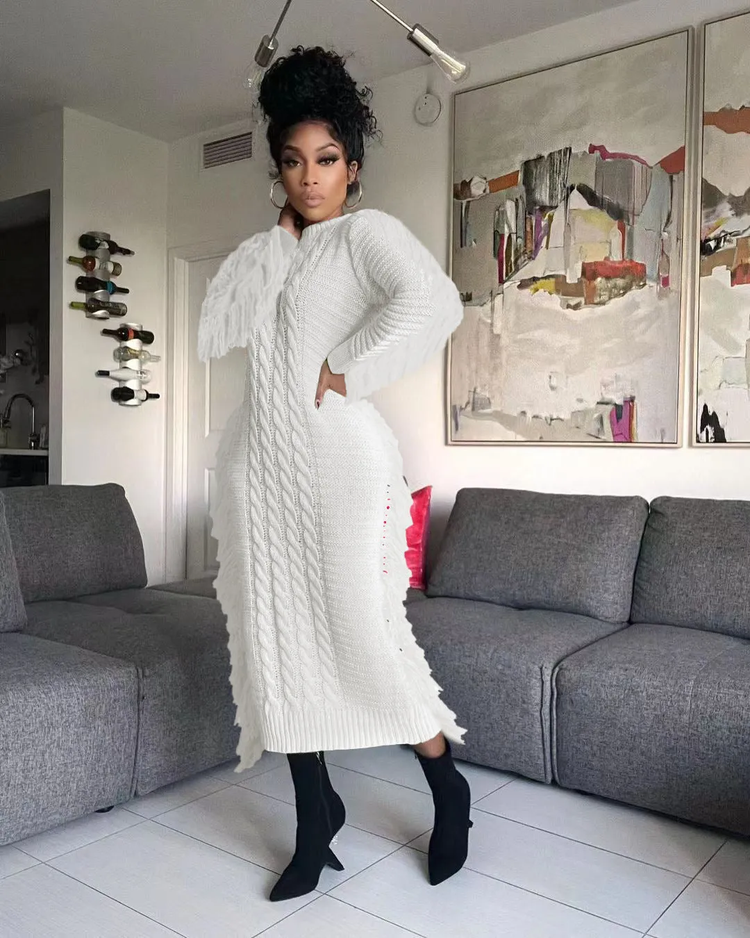 Fashion tassel knit dress（No belt）AY3216