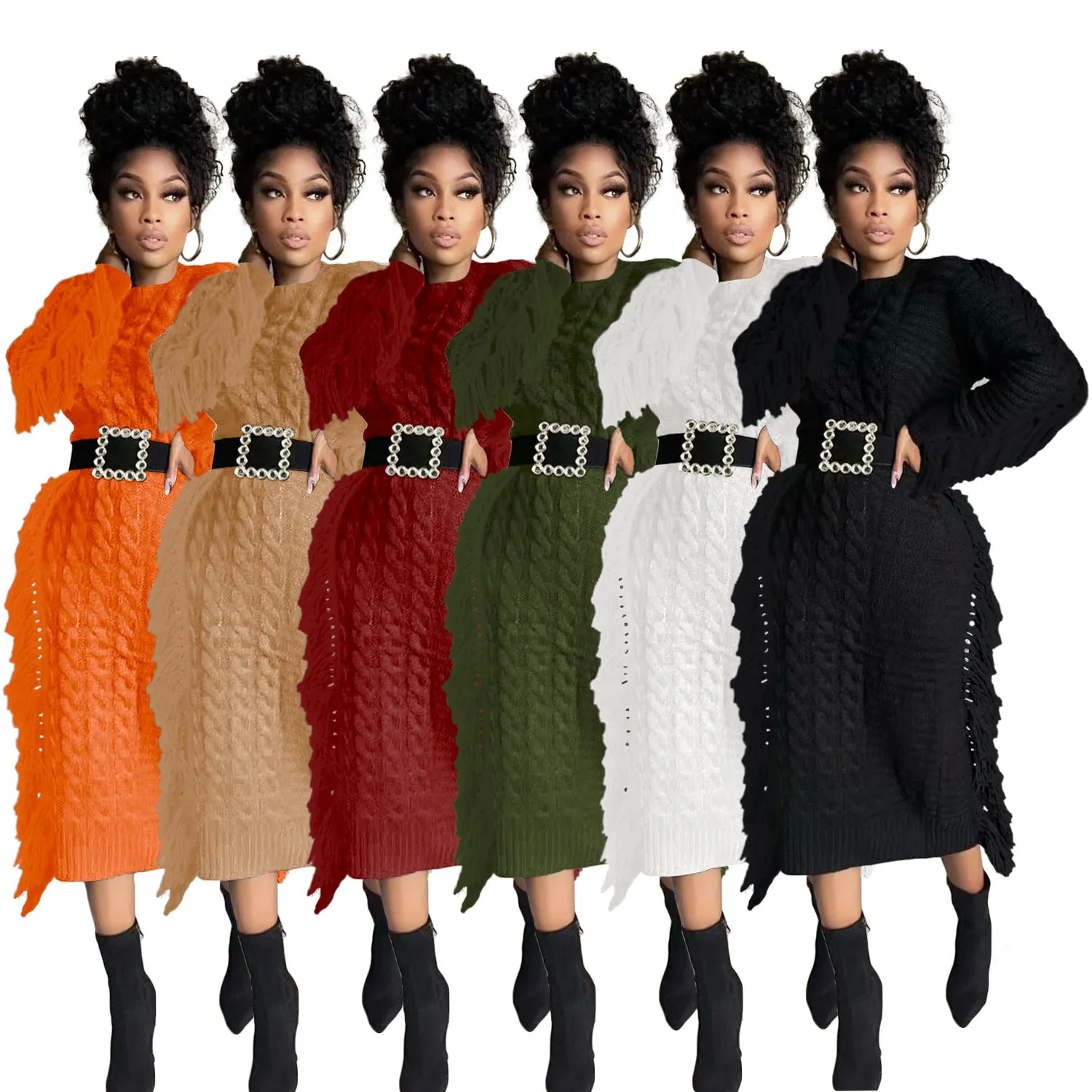 Fashion tassel knit dress（No belt）AY3216
