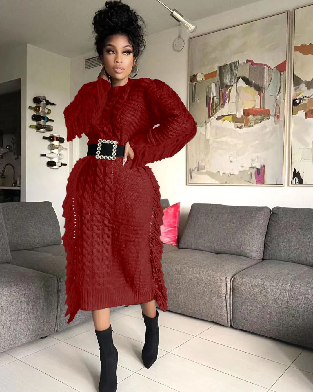 Fashion tassel knit dress（No belt）AY3216