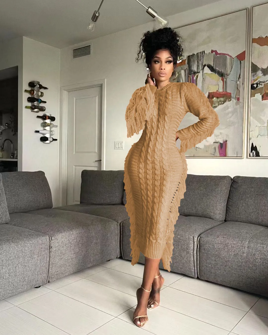 Fashion tassel knit dress（No belt）AY3216