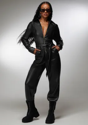 Faux Leather Cargo Jumpsuit