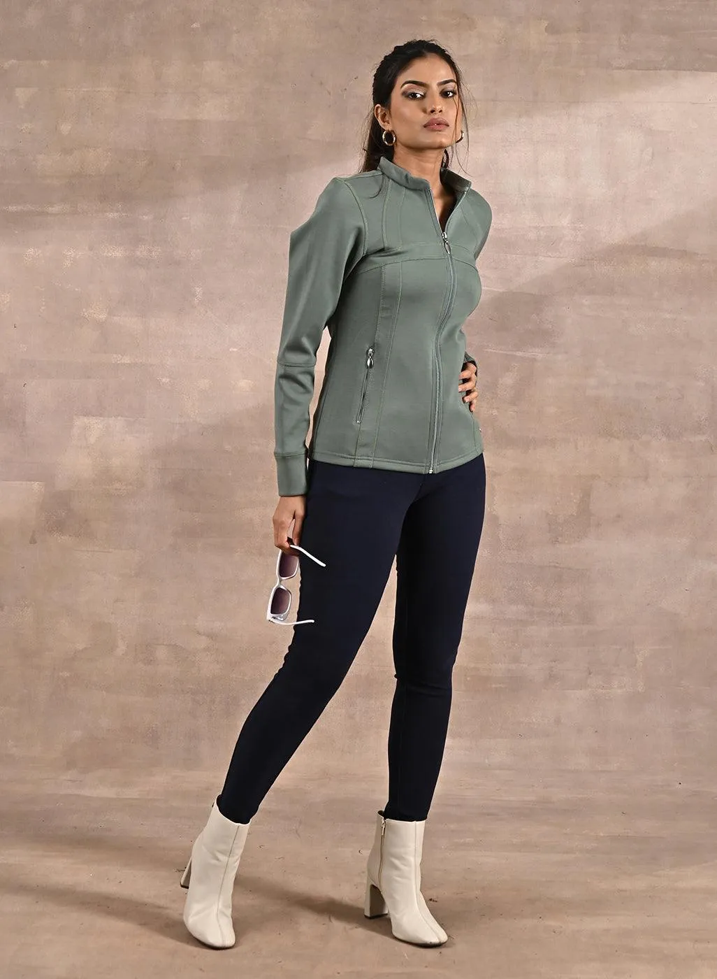 Green Long-sleeve Jacket with Decorative Cuts