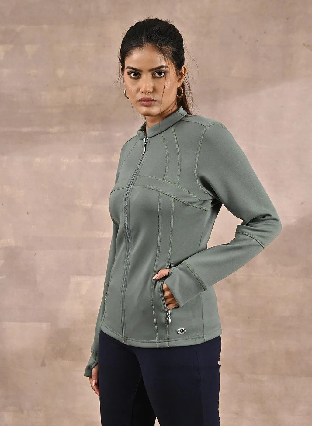 Green Long-sleeve Jacket with Decorative Cuts
