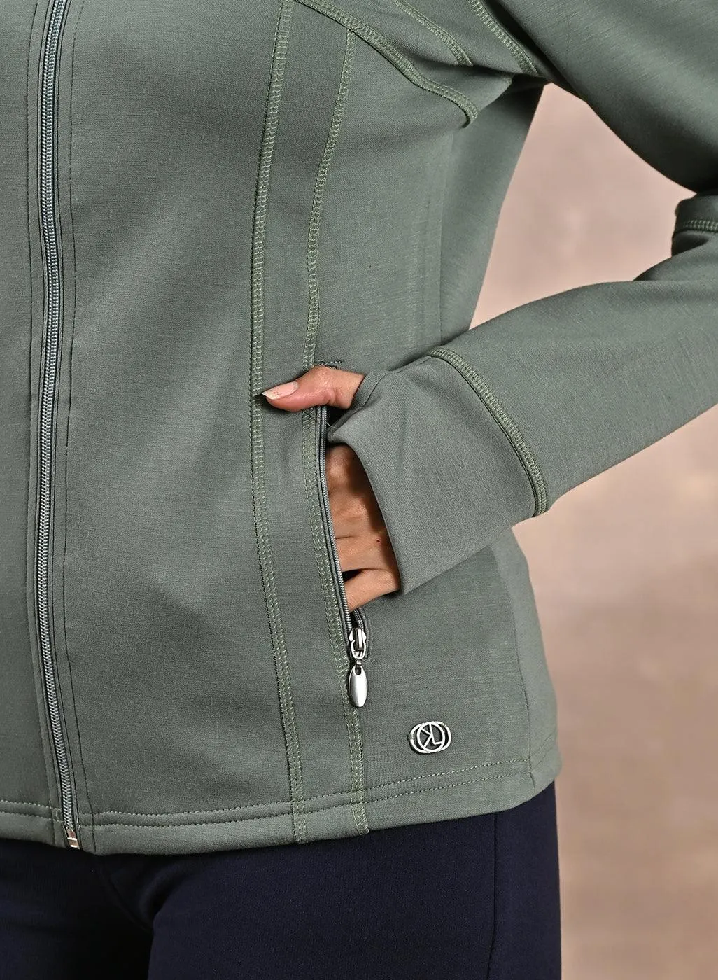 Green Long-sleeve Jacket with Decorative Cuts