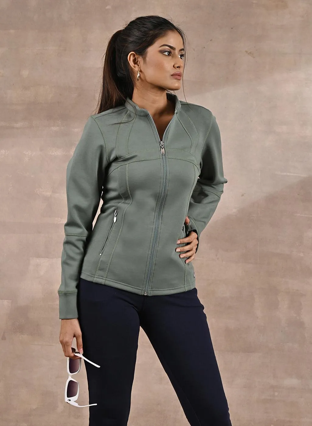 Green Long-sleeve Jacket with Decorative Cuts