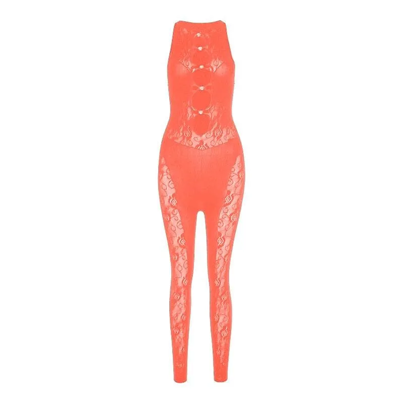Hollow out lace crewneck button fishnet sleeveless solid jumpsuit