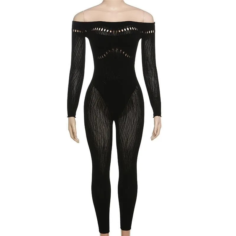 Hollow out off shoulder fishnet long sleeve solid jumpsuit