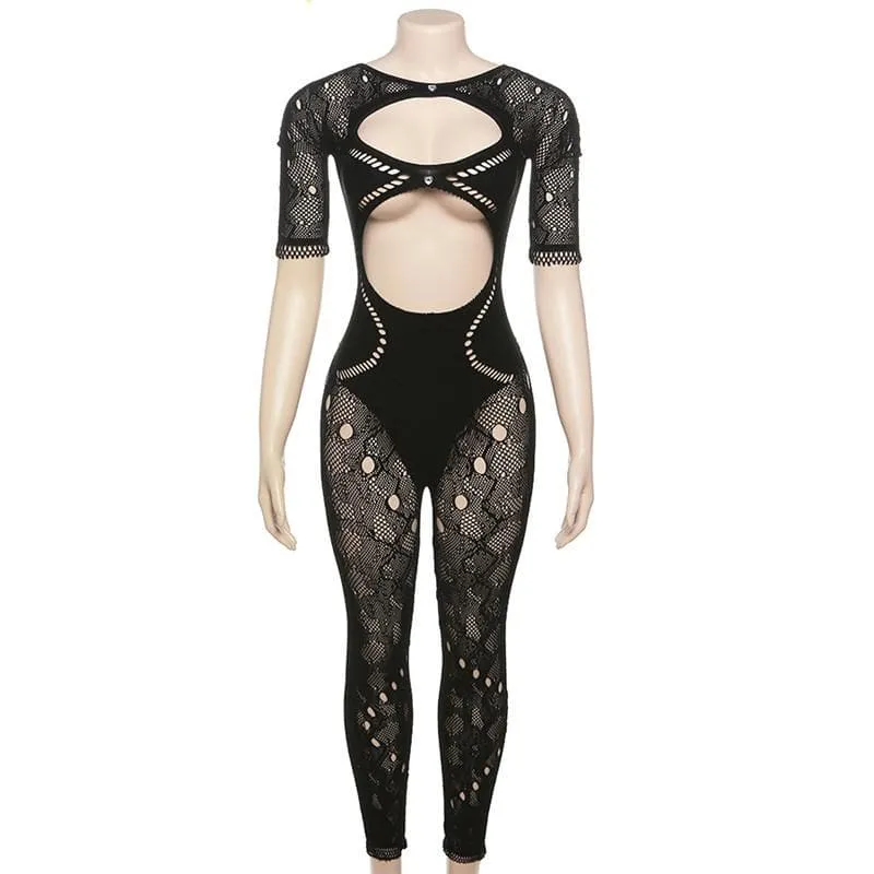 Hollow out short sleeve button fishnet solid jumpsuit