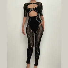 Hollow out short sleeve button fishnet solid jumpsuit