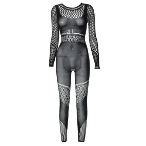 Hollow out solid fishnet long sleeve jumpsuit