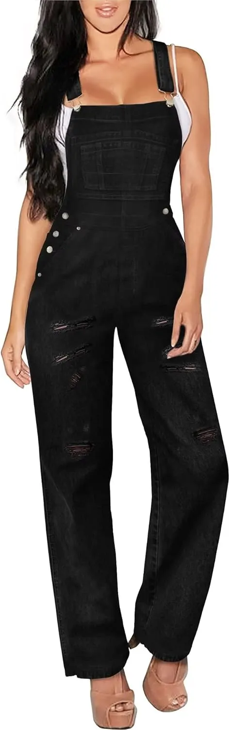 Hybrid & Company Womens Casual Destructed Adjustable Denim Jumpsuit Stretch Overalls Jeans Pants