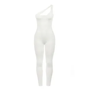 Irregular one shoulder zip-up solid hollow out jumpsuit