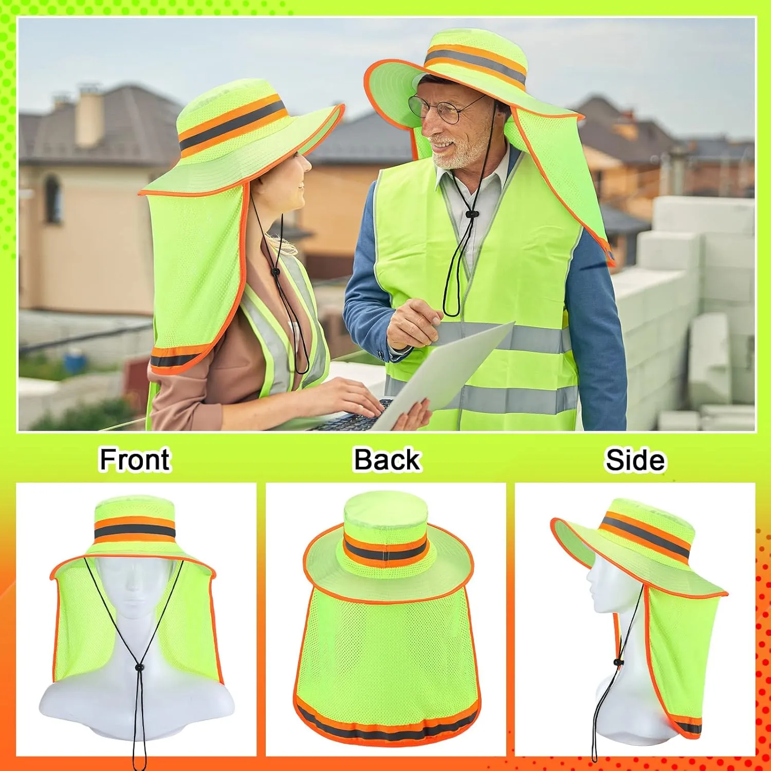 Jexine 10 Pcs High Visibility Reflective Hat with Neck Flap Safety Sun Hat for Men Bucket Cap Boonie Hats Bulk
