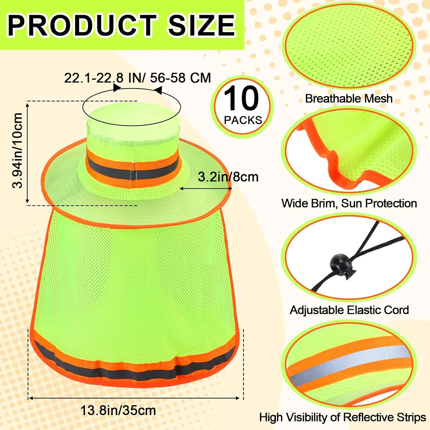 Jexine 10 Pcs High Visibility Reflective Hat with Neck Flap Safety Sun Hat for Men Bucket Cap Boonie Hats Bulk