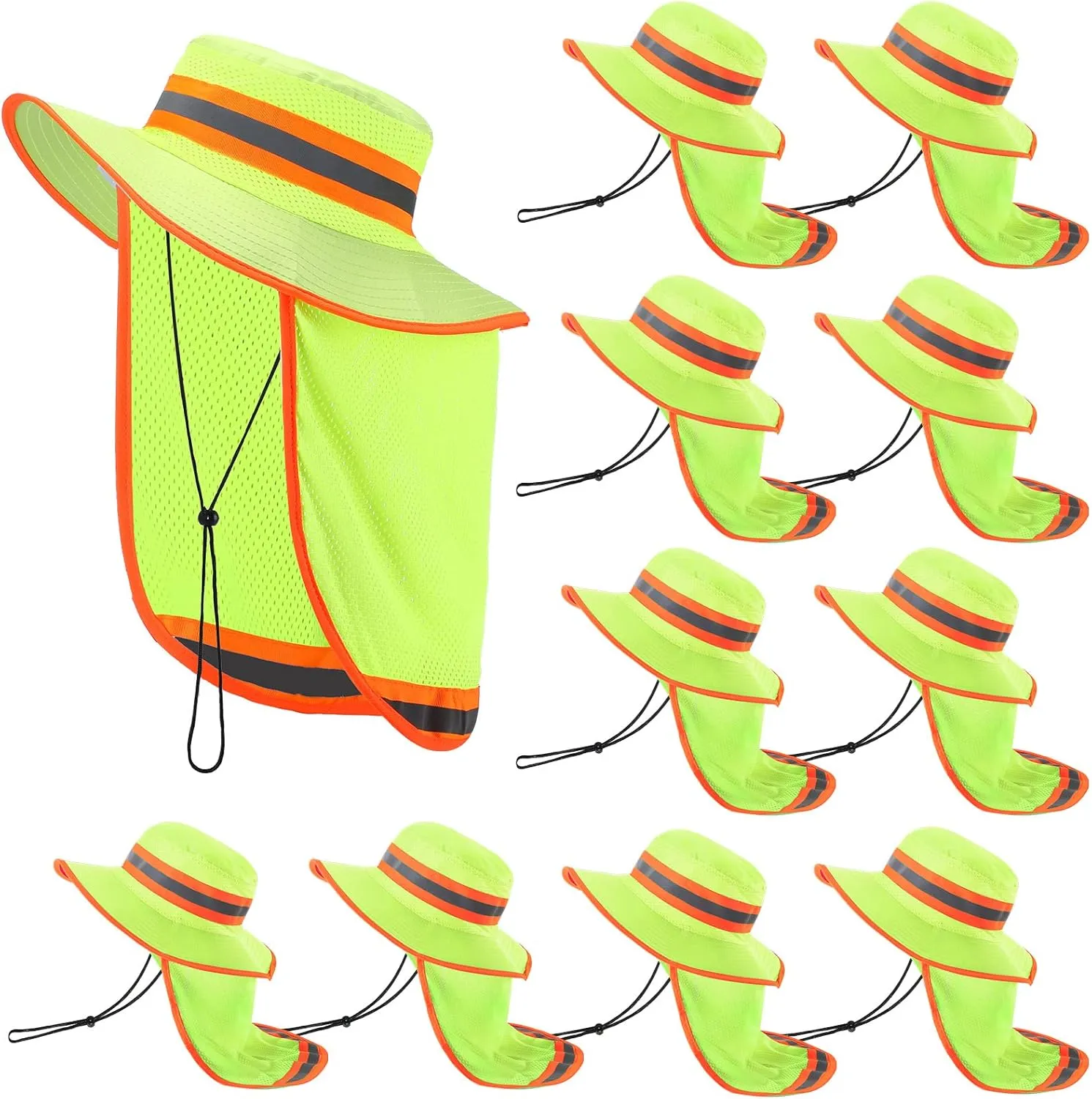 Jexine 10 Pcs High Visibility Reflective Hat with Neck Flap Safety Sun Hat for Men Bucket Cap Boonie Hats Bulk