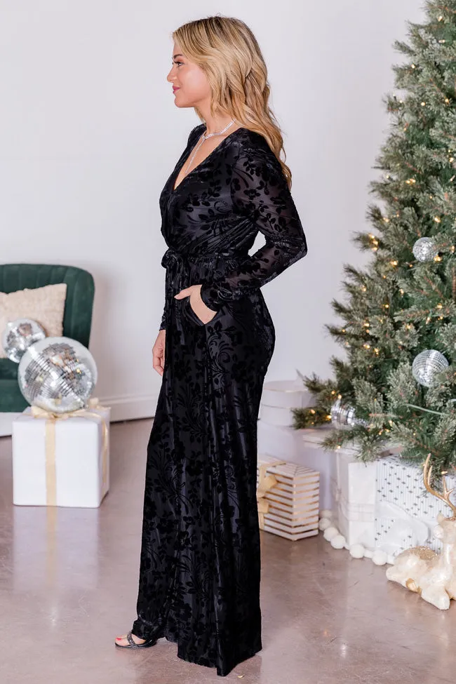 Joy To The World Black Velvet Long Sleeve Belted Jumpsuit
