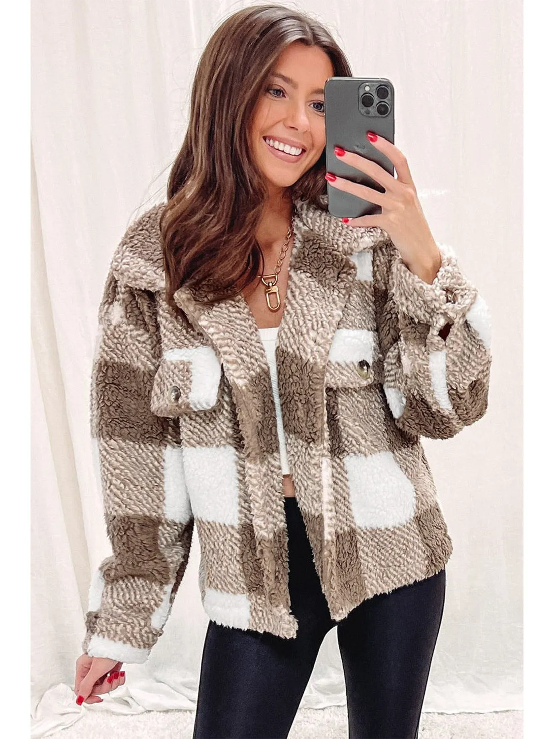 Khaki Plaid Buttoned Collared Sherpa Jacket