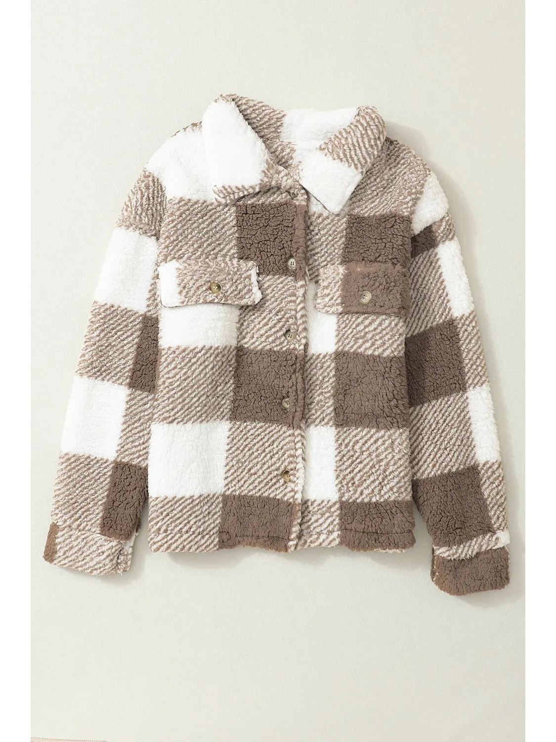 Khaki Plaid Buttoned Collared Sherpa Jacket