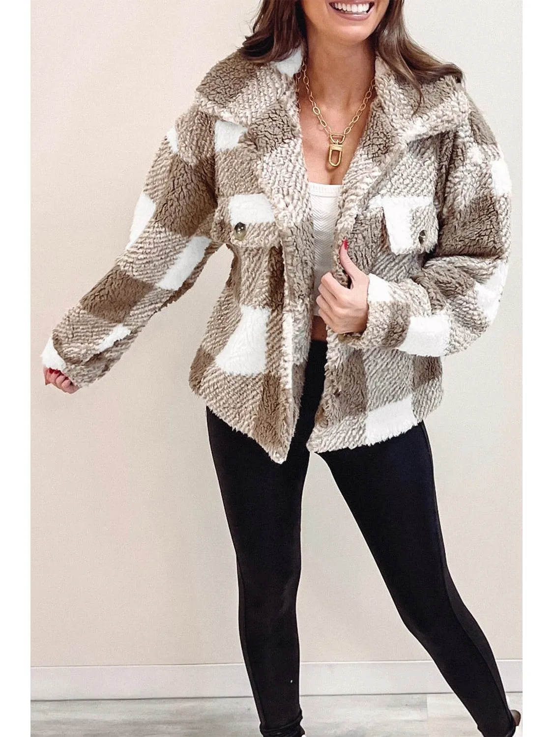 Khaki Plaid Buttoned Collared Sherpa Jacket