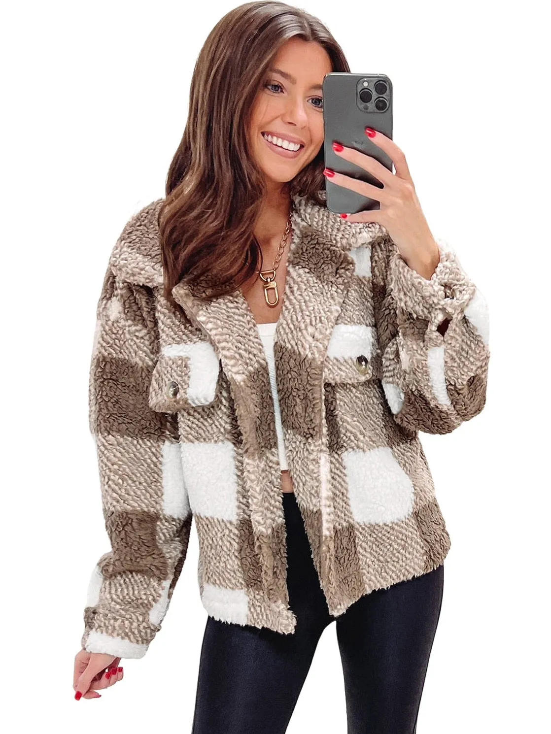 Khaki Plaid Buttoned Collared Sherpa Jacket