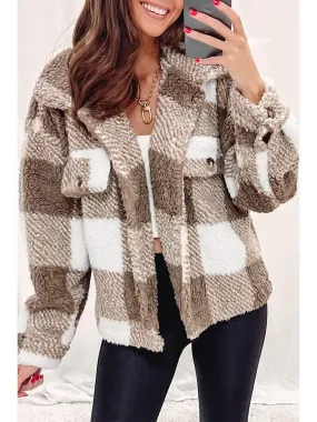Khaki Plaid Buttoned Collared Sherpa Jacket