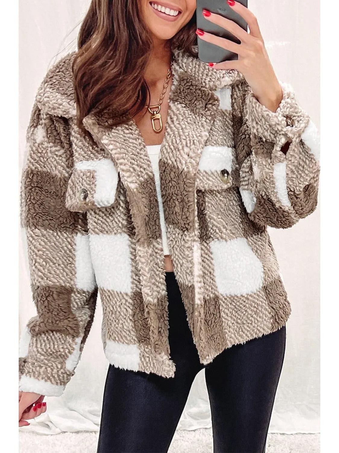 Khaki Plaid Buttoned Collared Sherpa Jacket