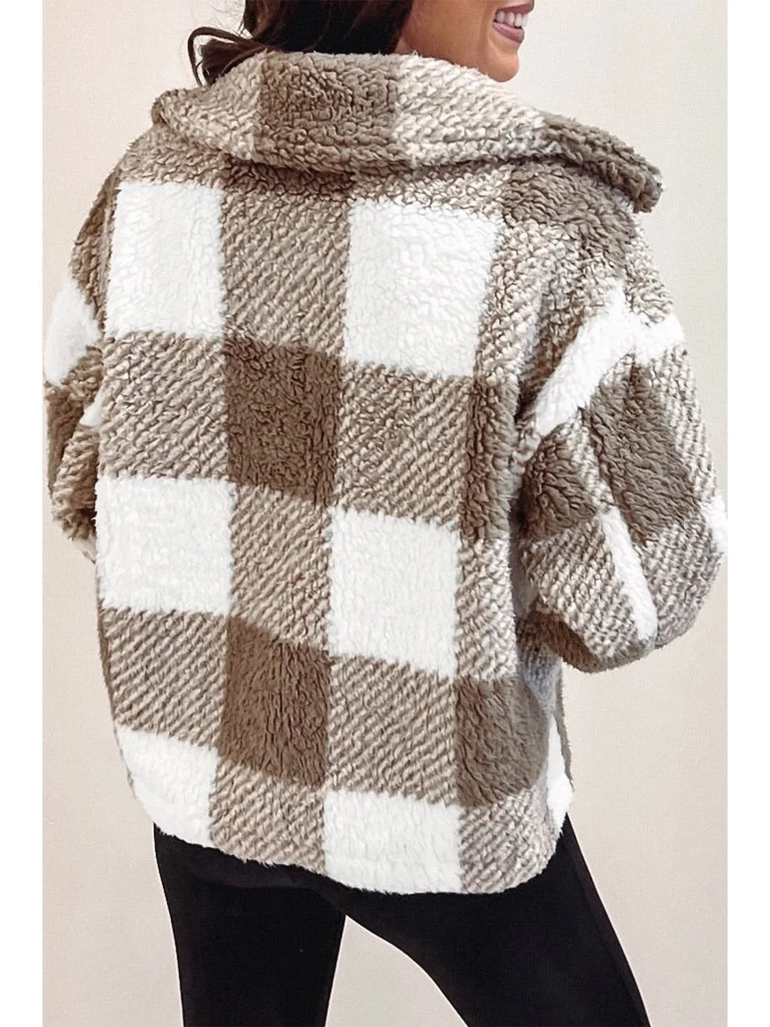 Khaki Plaid Buttoned Collared Sherpa Jacket