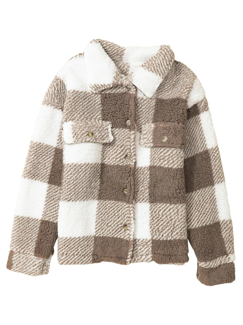 Khaki Plaid Buttoned Collared Sherpa Jacket