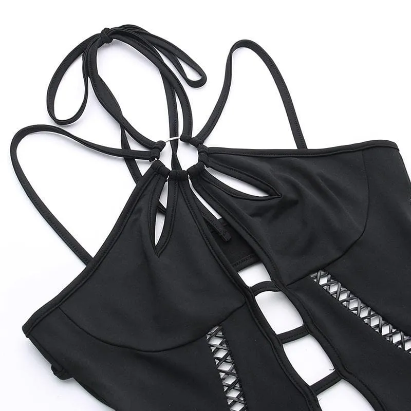 Lace up hollow out halter o ring backless solid jumpsuit