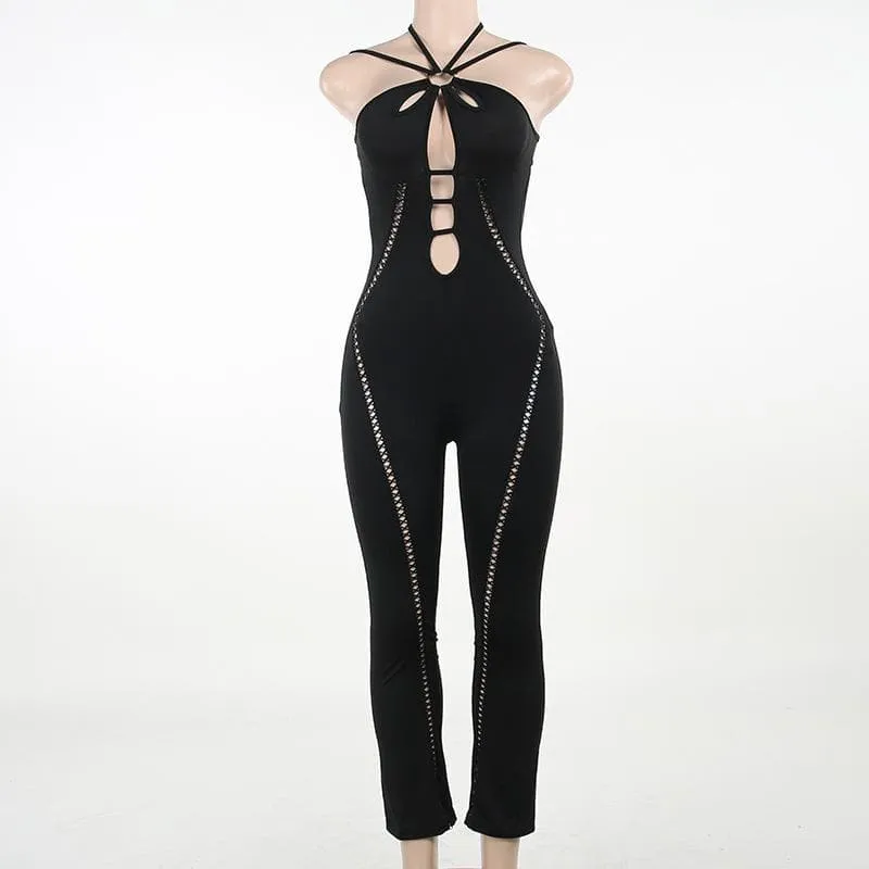 Lace up hollow out halter o ring backless solid jumpsuit