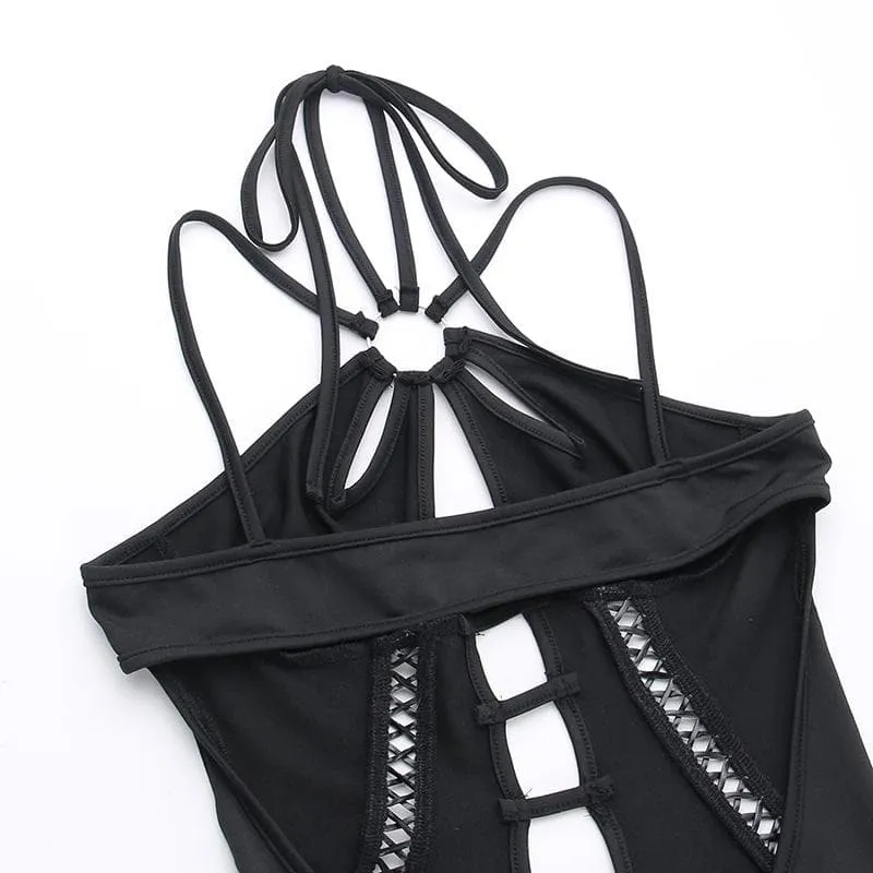 Lace up hollow out halter o ring backless solid jumpsuit