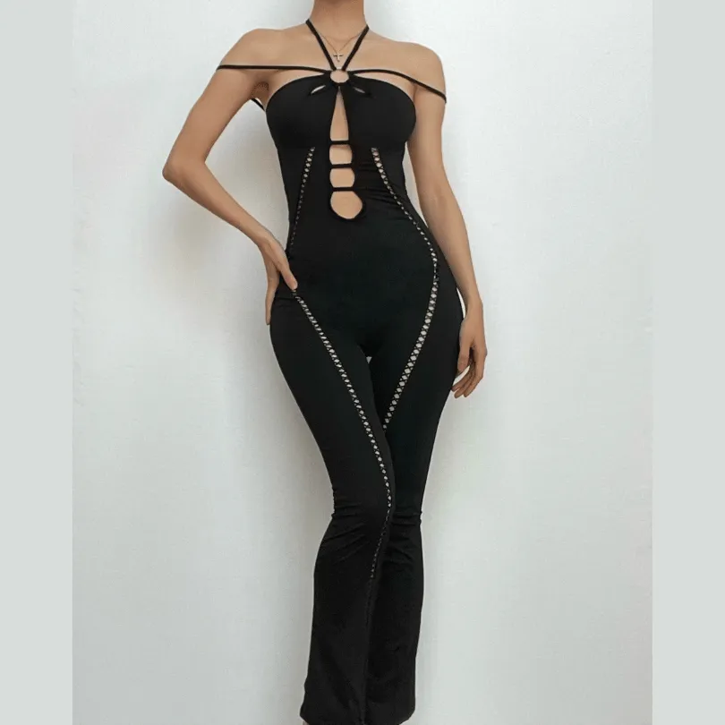 Lace up hollow out halter o ring backless solid jumpsuit