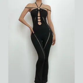 Lace up hollow out halter o ring backless solid jumpsuit