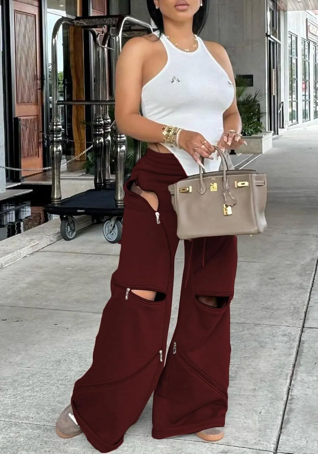 LETSVDO Women's Wide Leg Baggy Sweatpants High Waisted Patchwork Flare Pants Y2k Cut Out Multi Zipper Cargo Sweatpant