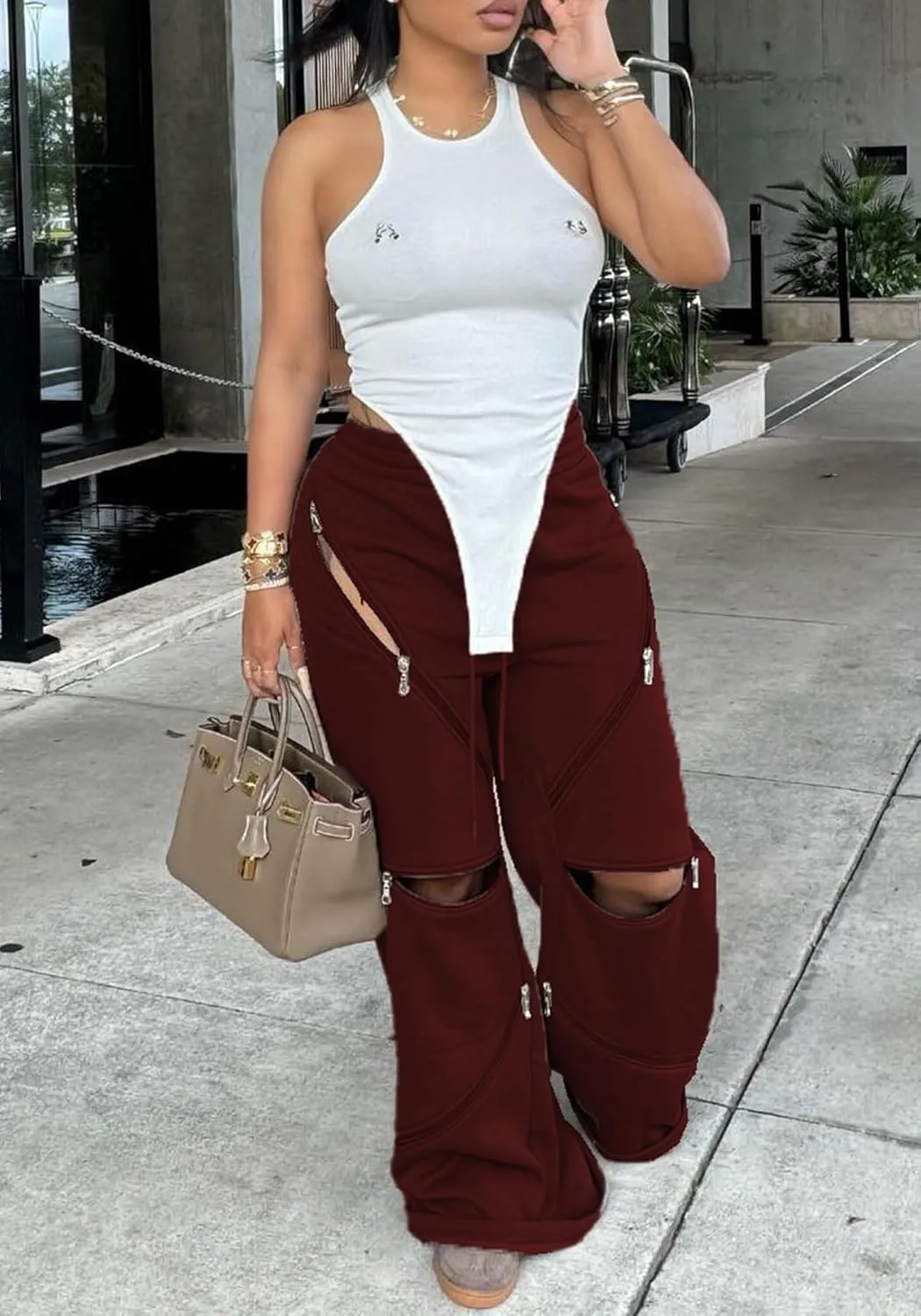 LETSVDO Women's Wide Leg Baggy Sweatpants High Waisted Patchwork Flare Pants Y2k Cut Out Multi Zipper Cargo Sweatpant