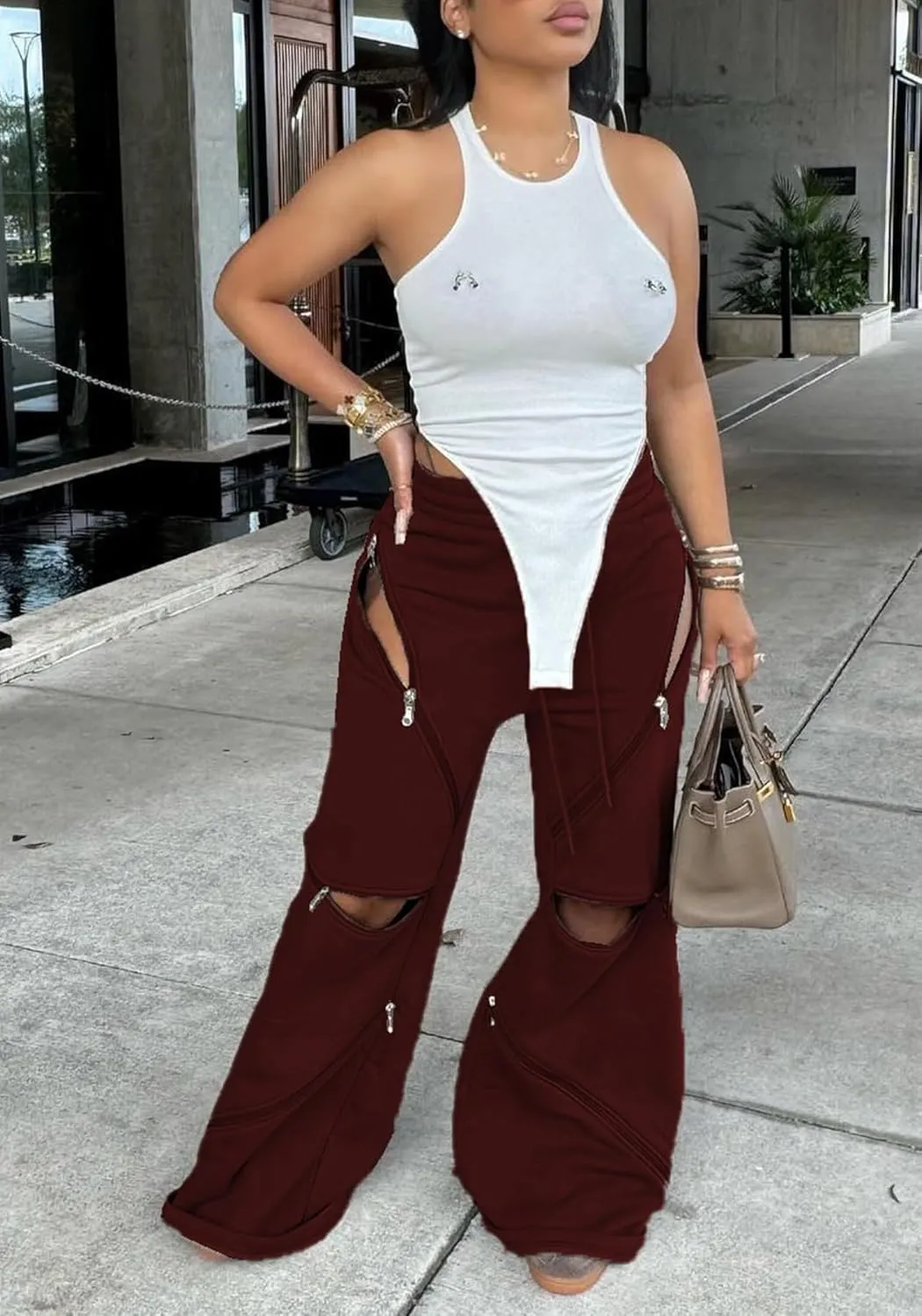 LETSVDO Women's Wide Leg Baggy Sweatpants High Waisted Patchwork Flare Pants Y2k Cut Out Multi Zipper Cargo Sweatpant