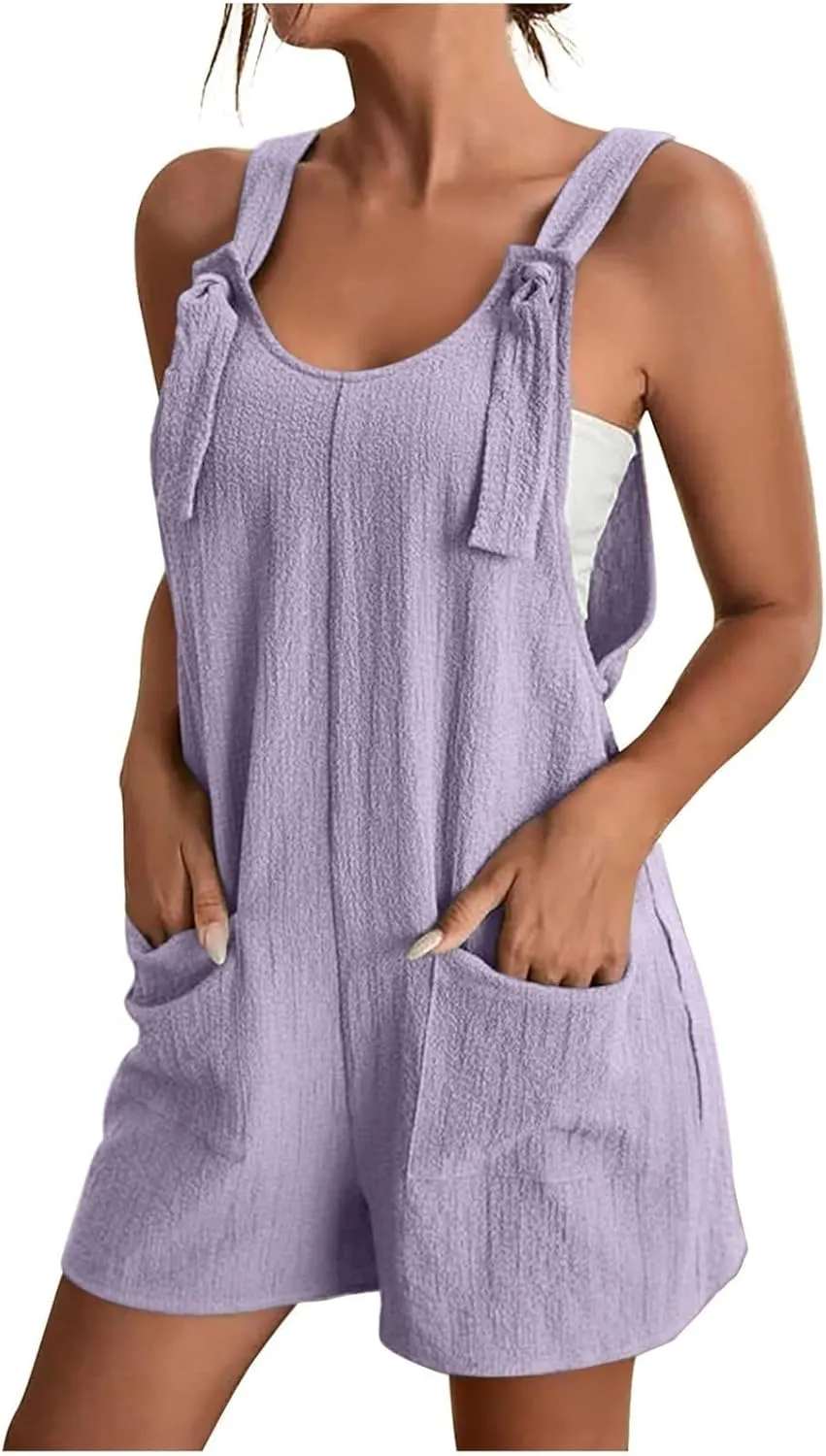 Linen Rompers Shorts for Women 2025 Summer Casual Sleeveless Loose Beach Jumpsuit Outfit Tie Shoulder Short Jumpsuit