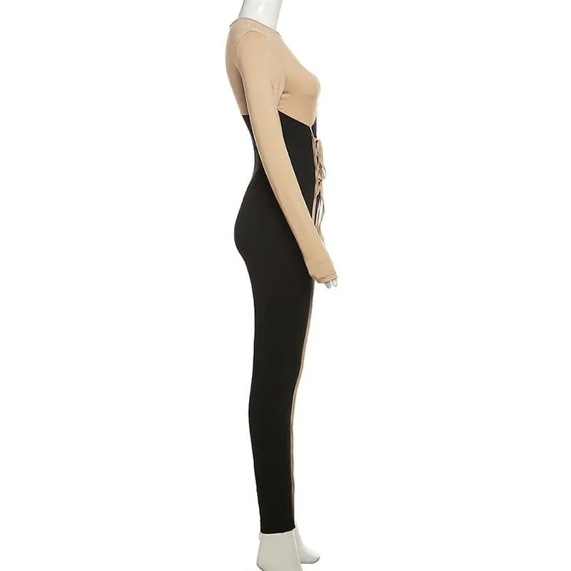Long sleeve crewneck lace up zip-up stitch jumpsuit