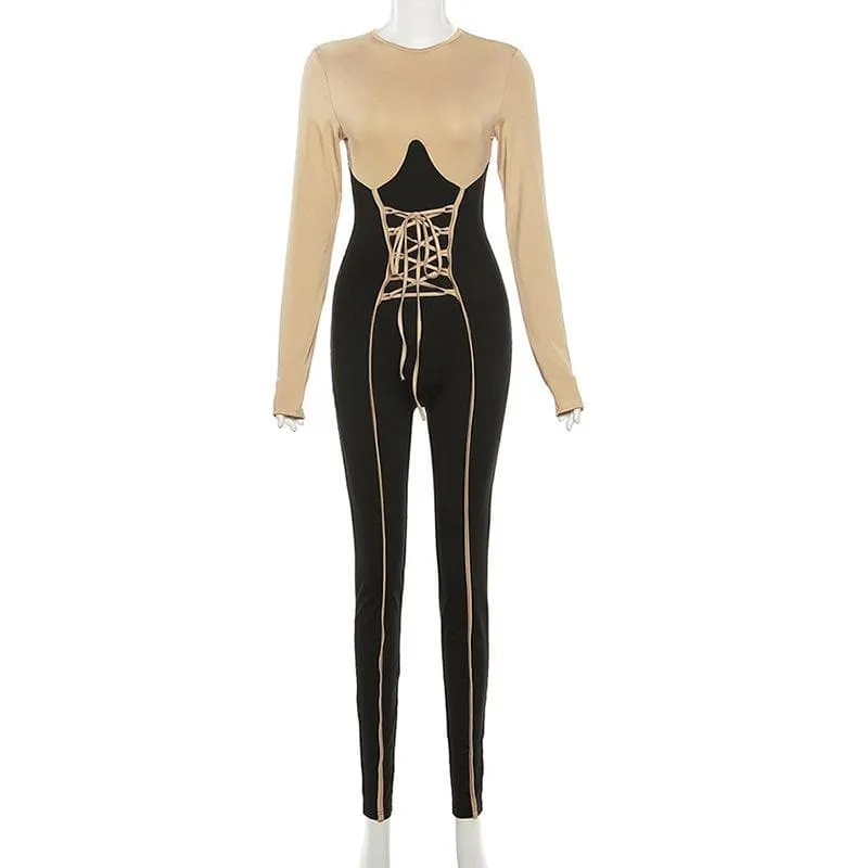 Long sleeve crewneck lace up zip-up stitch jumpsuit