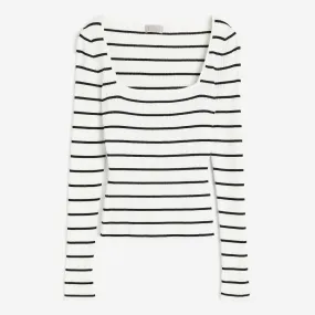 Long sleeve H&M Square-neck Rib-knit, white/black