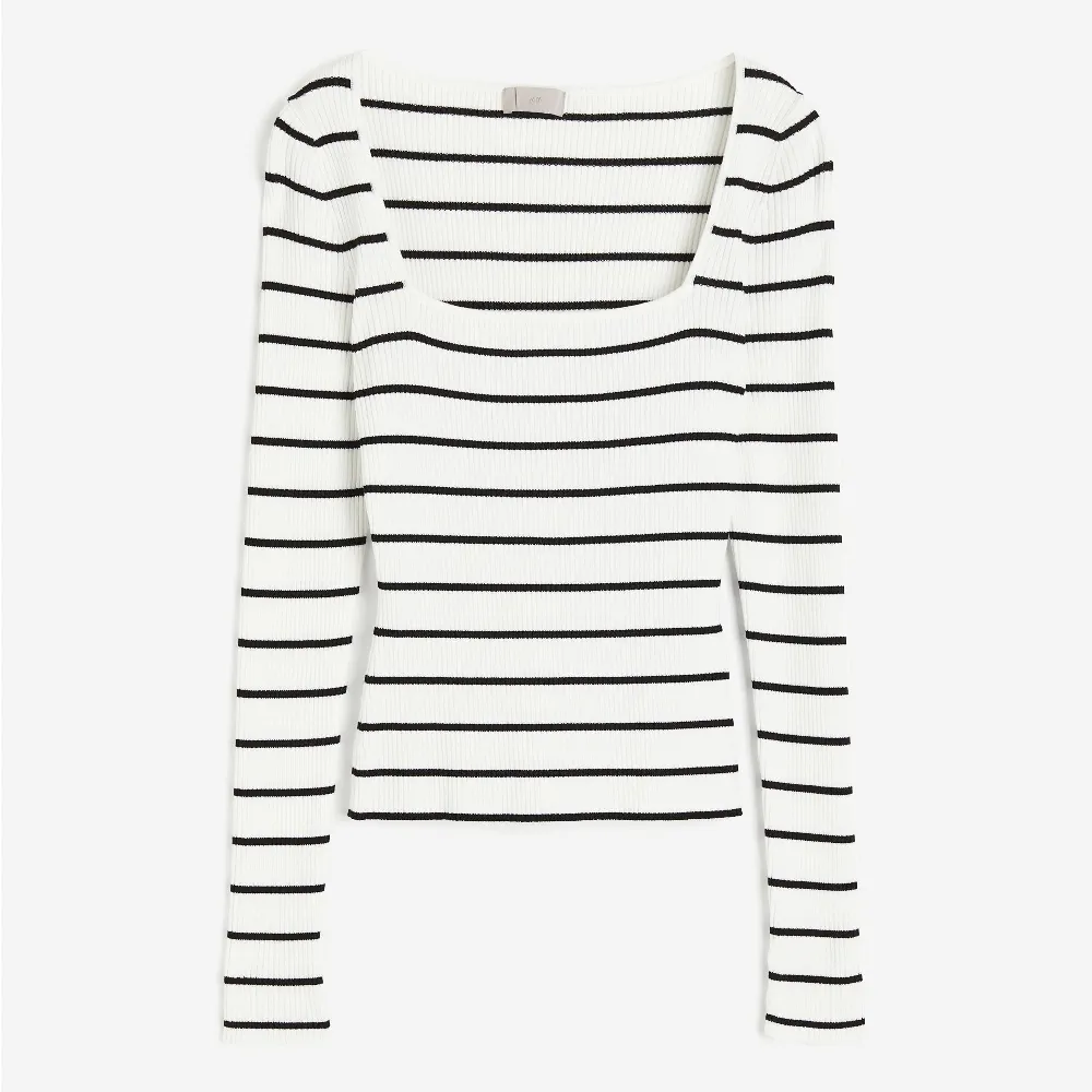 Long sleeve H&M Square-neck Rib-knit, white/black