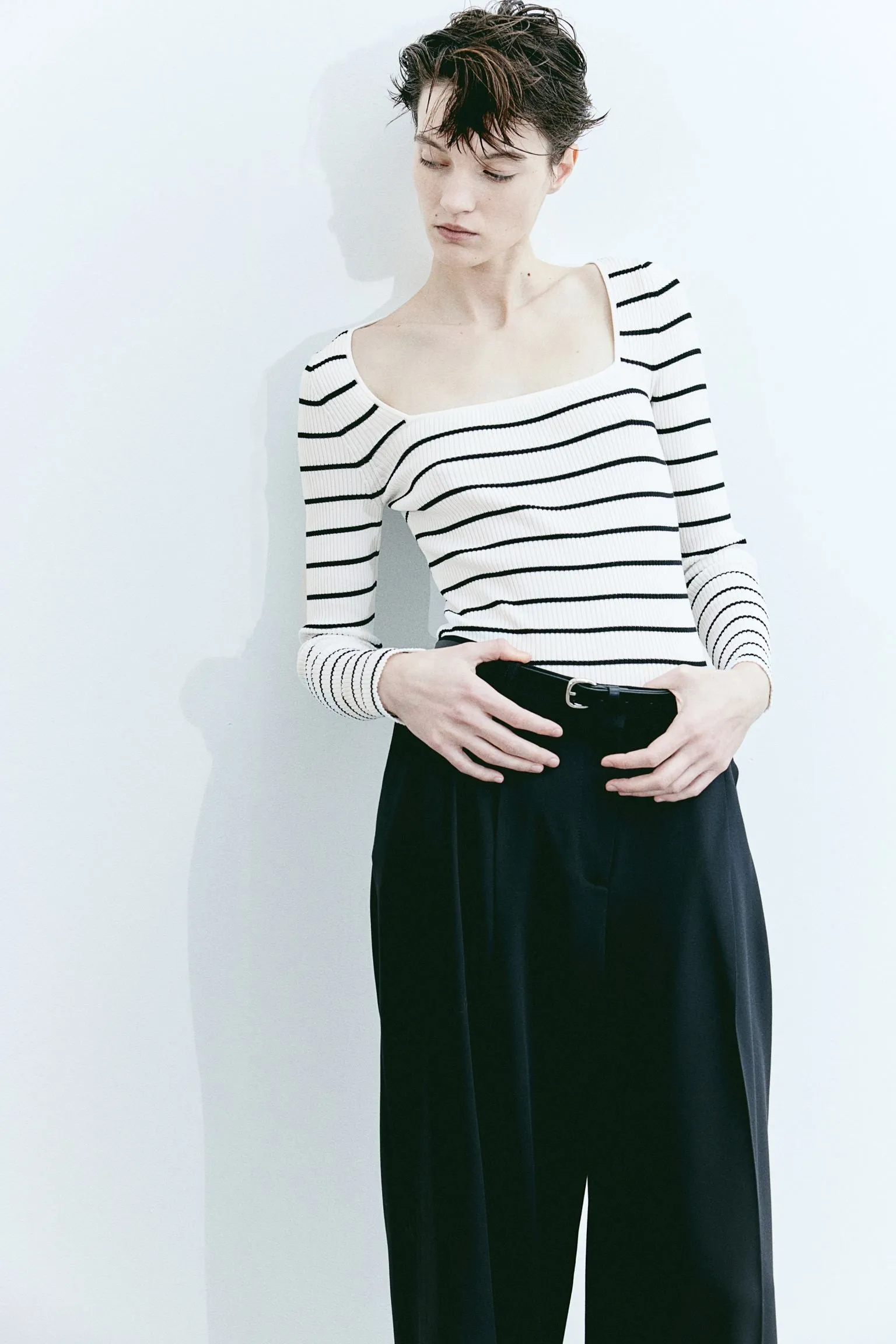 Long sleeve H&M Square-neck Rib-knit, white/black